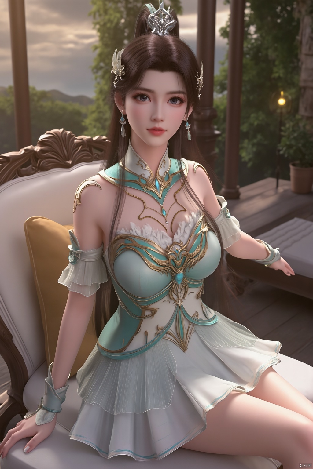 masterpiece,(best quality),official art, extremely detailed cg 8k wallpaper,((crystalstexture skin)), (extremely delicate and beautiful),(highly detailed),(1girl), (solo), (jewelry), (long_dress), (long_skirt),(sunshine, outdoor,sofa),((looking_at_viewer)),((Facing the camera)),(huge breasts:1.59),Xxuner