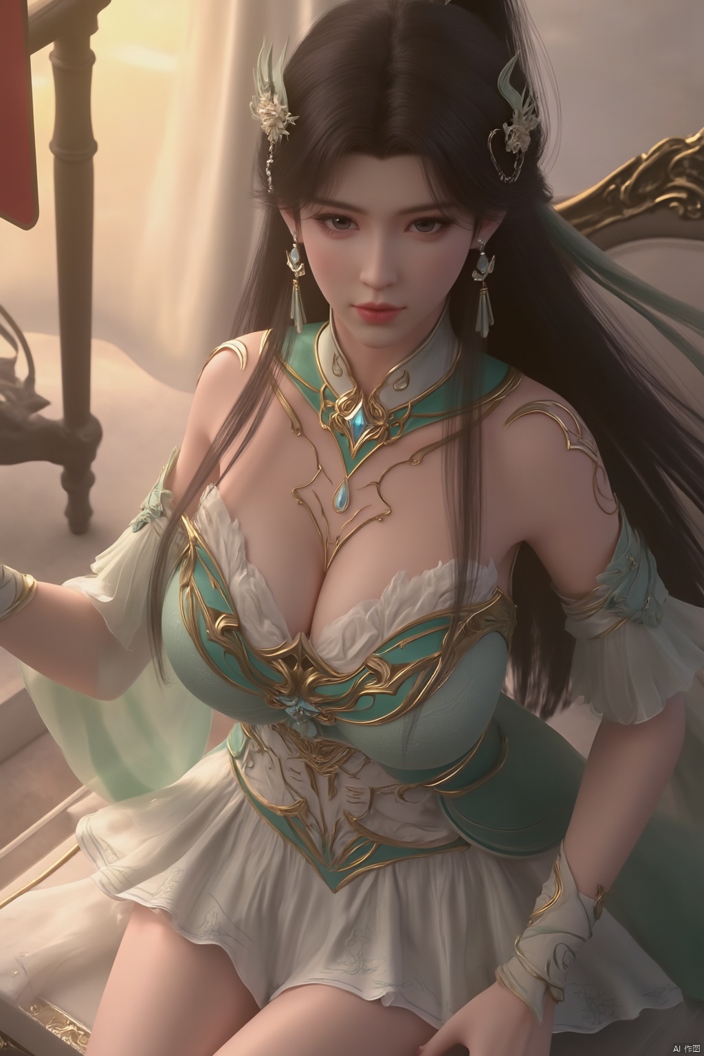 masterpiece,(best quality),official art, extremely detailed cg 8k wallpaper,((crystalstexture skin)), (extremely delicate and beautiful),(highly detailed),(1girl), (solo), (jewelry), (long_dress), (long_skirt),(sunshine, outdoor,sofa),((looking_at_viewer)),((Facing the camera)),(huge breasts:1.59),Xxuner