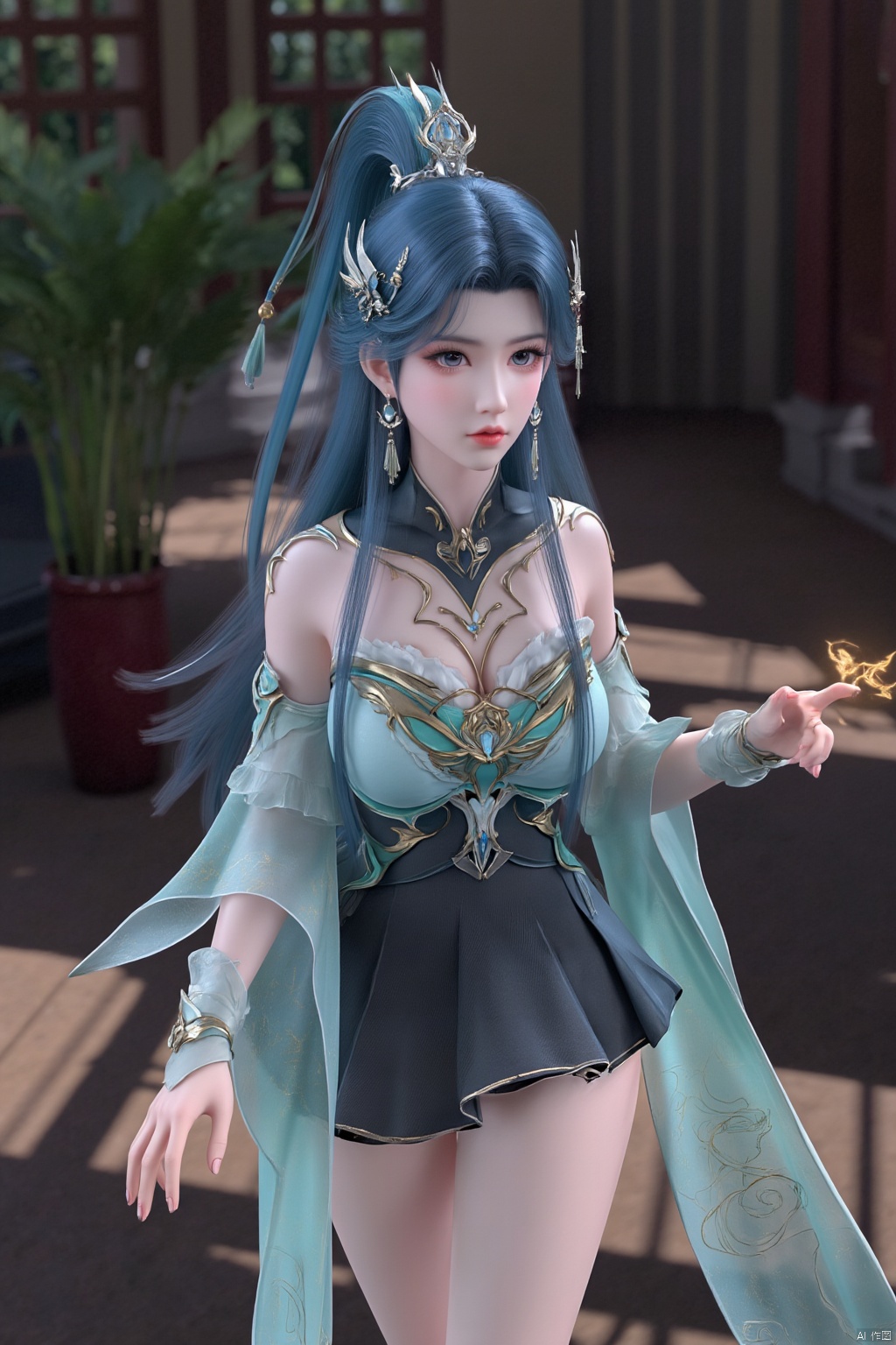 3D,masterpiece,(best quality),(makeup),official art, extremely detailed cg 8k wallpaper,((crystalstexture skin)), (extremely delicate and beautiful),(highly detailed),(1girl), (solo), (jewelry), (earrings),(blue_hair),(long_hair),(hair_ornament),(handwear),(breasts),(standing),(face),,(upper_body),(dress), (black_skirt),(multicolored_clothes),(multicolored_dress),(collar:1.000),(hairpin:1.000),(chinese_clothes),(adapted_costume), (long_sleeved),(thigh),((closed_mouth)),(bracelet),(long_dress), (long_skirt),(sunshine, outdoor,sofa),((looking_at_viewer)),((Facing the camera)),(huge breasts:1.59),Xxuner