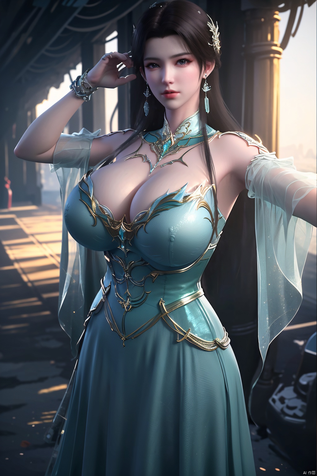 masterpiece,(best quality),official art, extremely detailed cg 8k wallpaper,((crystalstexture skin)), (extremely delicate and beautiful),(highly detailed),(1girl), (solo), (jewelry), (long_dress), (long_skirt),(sunshine, outdoor),((looking_at_viewer)),((Facing the camera)),(huge breasts:1.59),Xxuner,Xlingyuling,Xmoli
