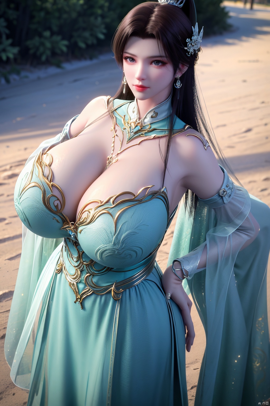 masterpiece,(best quality),official art, extremely detailed cg 8k wallpaper,((crystalstexture skin)), (extremely delicate and beautiful),(highly detailed),(1girl), (solo), (jewelry), (long_dress), (long_skirt),(sunshine, outdoor),((looking_at_viewer)),((Facing the camera)),(huge breasts:1.59),Xxuner,Xlingyuling,Xmoli