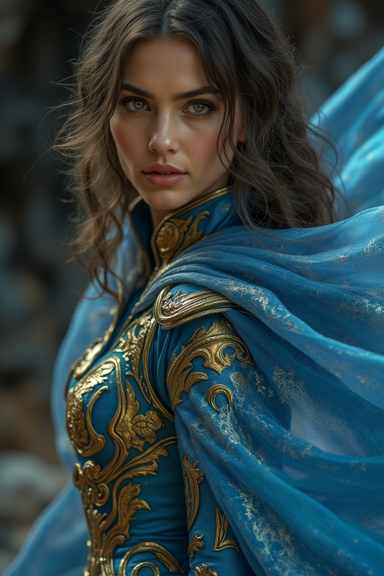 Close-up shot of a woman from Mortal Kombat,  dressed in a sleek,  blue and gold armour suit with flowing on Tensor.Art