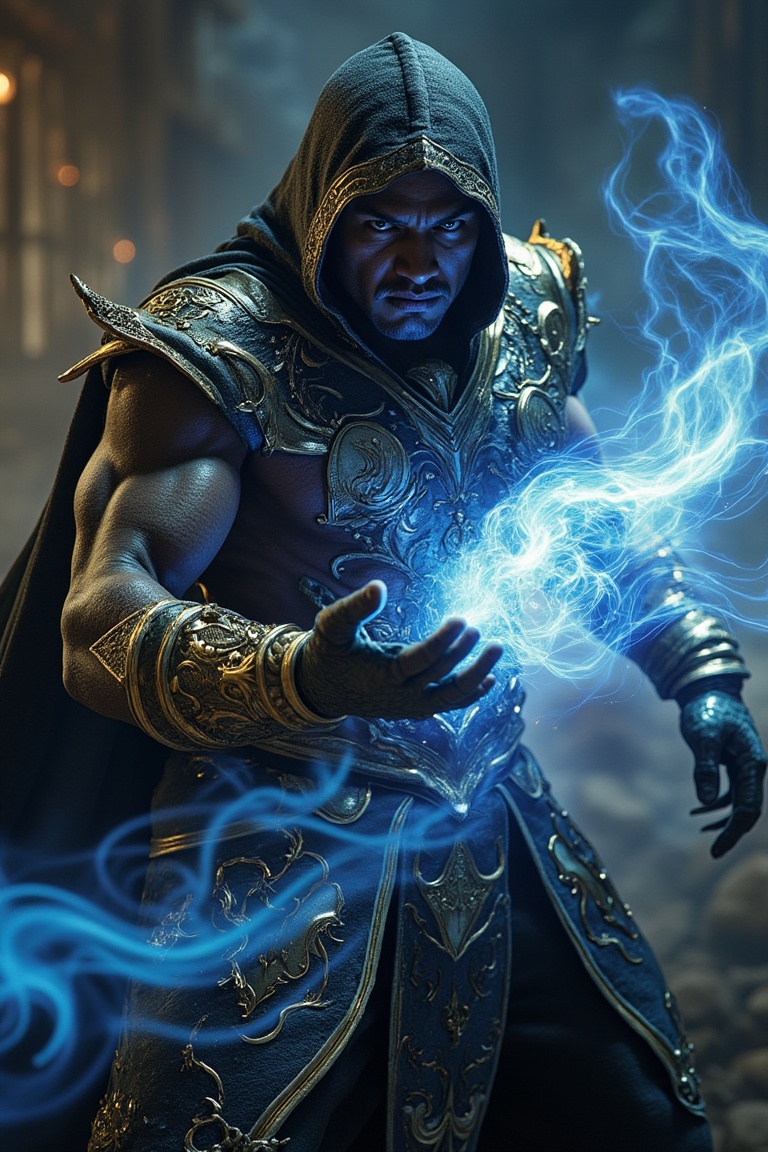 Dynamic action shot of a villainous man from Mortal Kombat,  in the midst of a fierce fight,  illuminated by a soft on Ten...