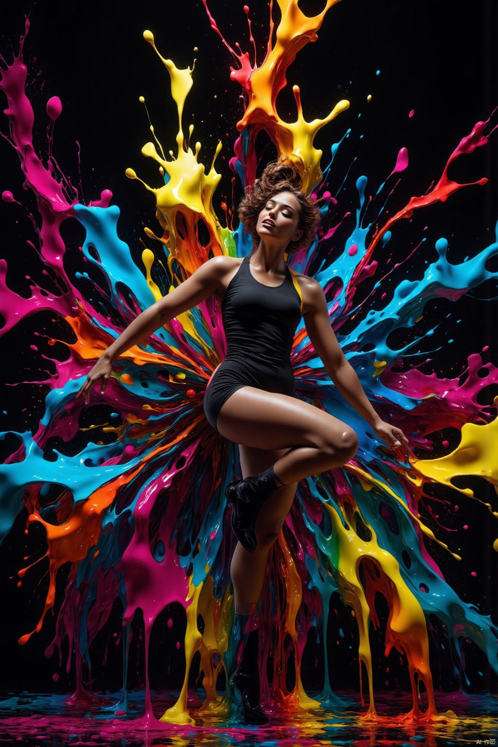 bv-colpaidri. A yoga practitioner with sections highlighted by metallic paint, mid-motion, surrounded by a burst of neon colors, capturing the sense of graceful movement, <lora:bv-colorful-paint-dripping-v1.safetensors:0.7000000000000001:0.7000000000000001,COLPAIDRI  PAINT COLORFUL DRIPPING 
