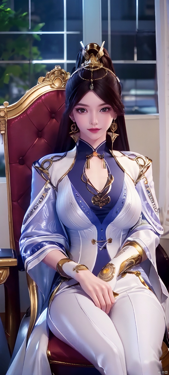8K, best quality, photorealistic, raw photo, detailed skin, masterpiece quality, best quality, (full_shot: 1.1), 1girl, solo, looking at viewer, Sitting on a chair