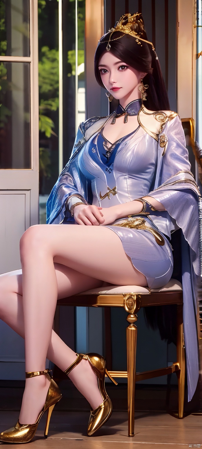 8K, best quality, photorealistic, raw photo, detailed skin, masterpiece quality, best quality, (mid_shot: 1.1), 1girl, solo, looking at viewer, Sitting on a chair, Focus the camera on the person