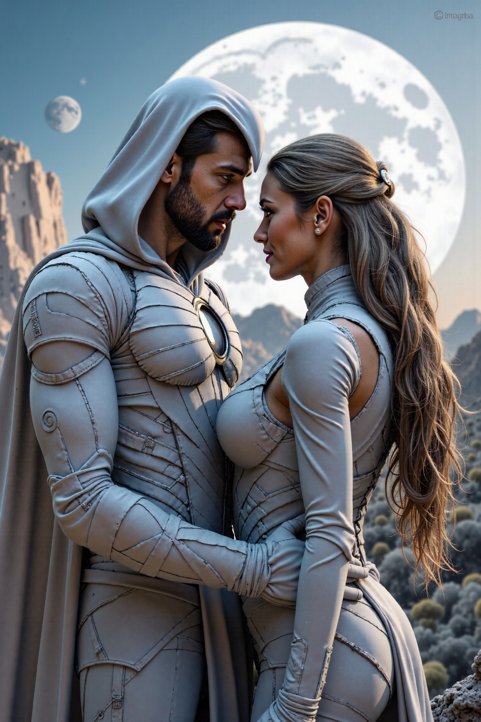 A highly detailed, dual-angle cinematic portrayal of Moon Knight on an alien world. The front-facing camera captures Moon Knight standing protectively beside a woman, his white cape draped around her shoulders, as they face the camera with strong, emotional expressions. The back view reveals the surreal alien landscape they are exploring—glowing flora, towering rock formations, and distant planets glowing against a twilight sky. Soft, ambient light highlights their faces and armor from the front, while the back is bathed in the ethereal twilight. Imogen Cunningham’s realism adds texture to their expressions and details, while Saturno Butto’s influence creates a surreal, cosmic backdrop. The scene is a mix of romance, mystery, and protection."

Lighting: Twilight glow, soft ambient lighting. Mood: Romantic, mysterious, protective. Composition: Front-facing and back view, showing both the subjects and the expansive alien landscape.