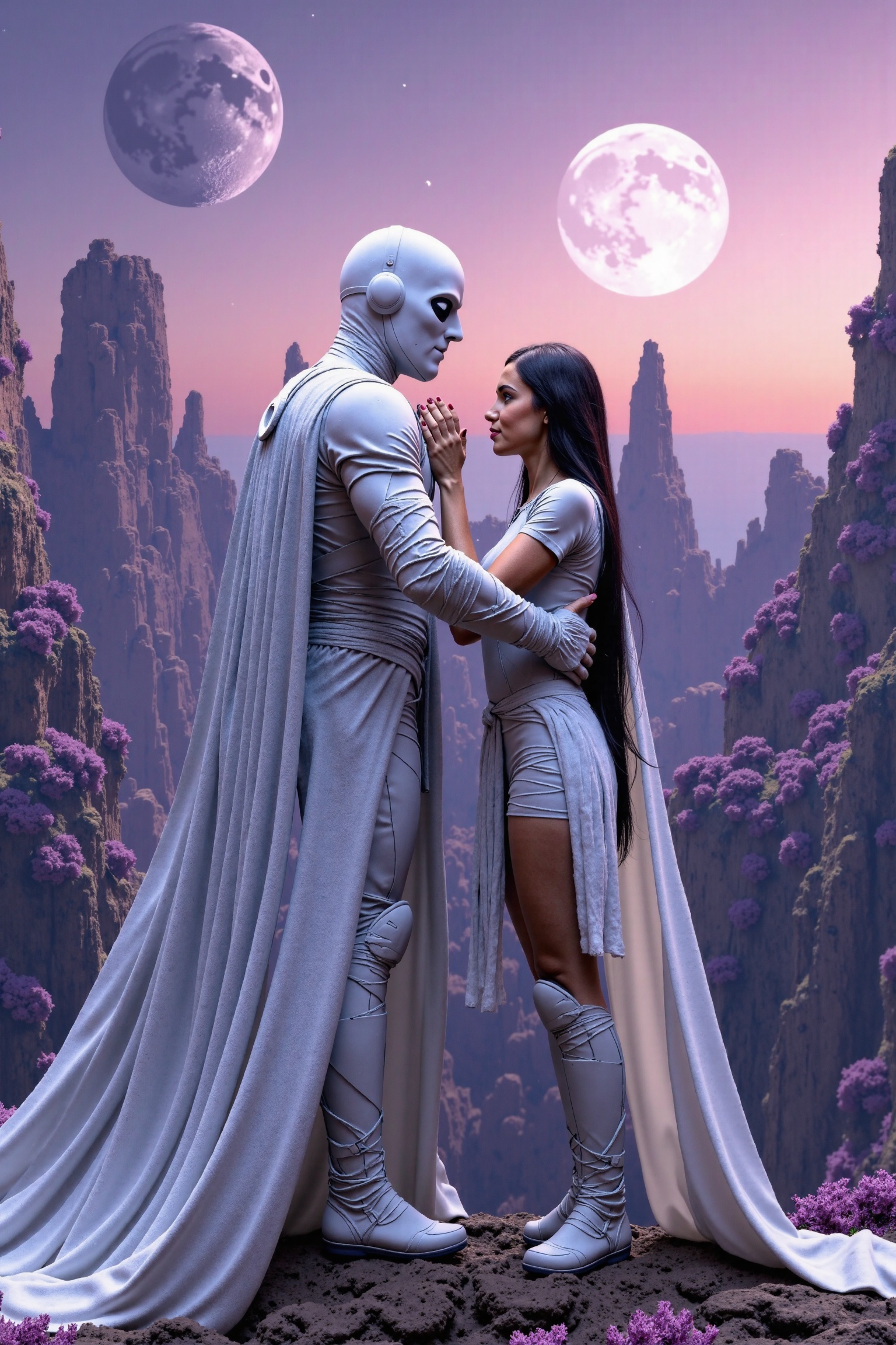 A highly detailed, cinematic portrayal of Moon Knight exploring an alien world with towering, surreal rock formations under a twilight sky. The scene captures an emotional connection as Moon Knight stands protectively beside a woman, wrapped in his white cape, as they gaze into the distance. The background features an ethereal landscape of glowing alien flora, vast canyons, and distant, purple-hued planets looming overhead. The lighting is soft, ambient twilight glow, with highlights reflecting off Moon Knight’s armor, adding contrast to the shadows on the alien terrain. The style captures the realism of Imogen Cunningham with the intricate details of the rocky surface and the subjects' facial expressions, while Saturno Butto’s surreal, otherworldly landscape brings a dreamy, cosmic atmosphere. The mood combines romance with mystery, focusing on the beauty of their bond in this alien environment