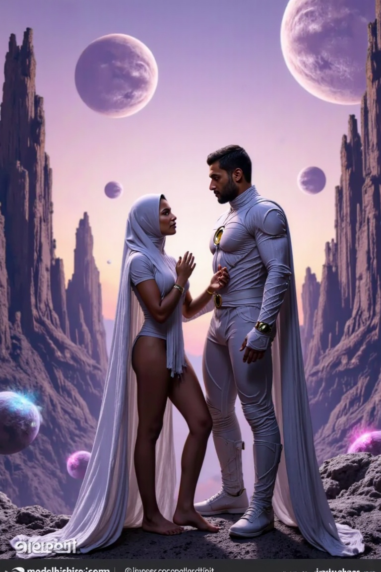 A highly detailed, cinematic portrayal of Moon Knight exploring an alien world with towering, surreal rock formations under a twilight sky. The scene captures a soft yet intense interaction with a woman, wrapped in his white cape, standing close to him. The background features an ethereal landscape of glowing alien flora, vast canyons, and distant, purple-hued planets looming overhead. The lighting is a soft, ambient glow with highlights reflecting off Moon Knight’s armor, contrasting with the shadows that shape the alien terrain. Shot in the style of Imogen Cunningham, the realism in their facial expressions and the texture of the rocky terrain is vivid, while Saturno Butto's surreal touches bring a dreamlike atmosphere. The mood is a balance of romance and mystery, where cosmic beauty meets human connection