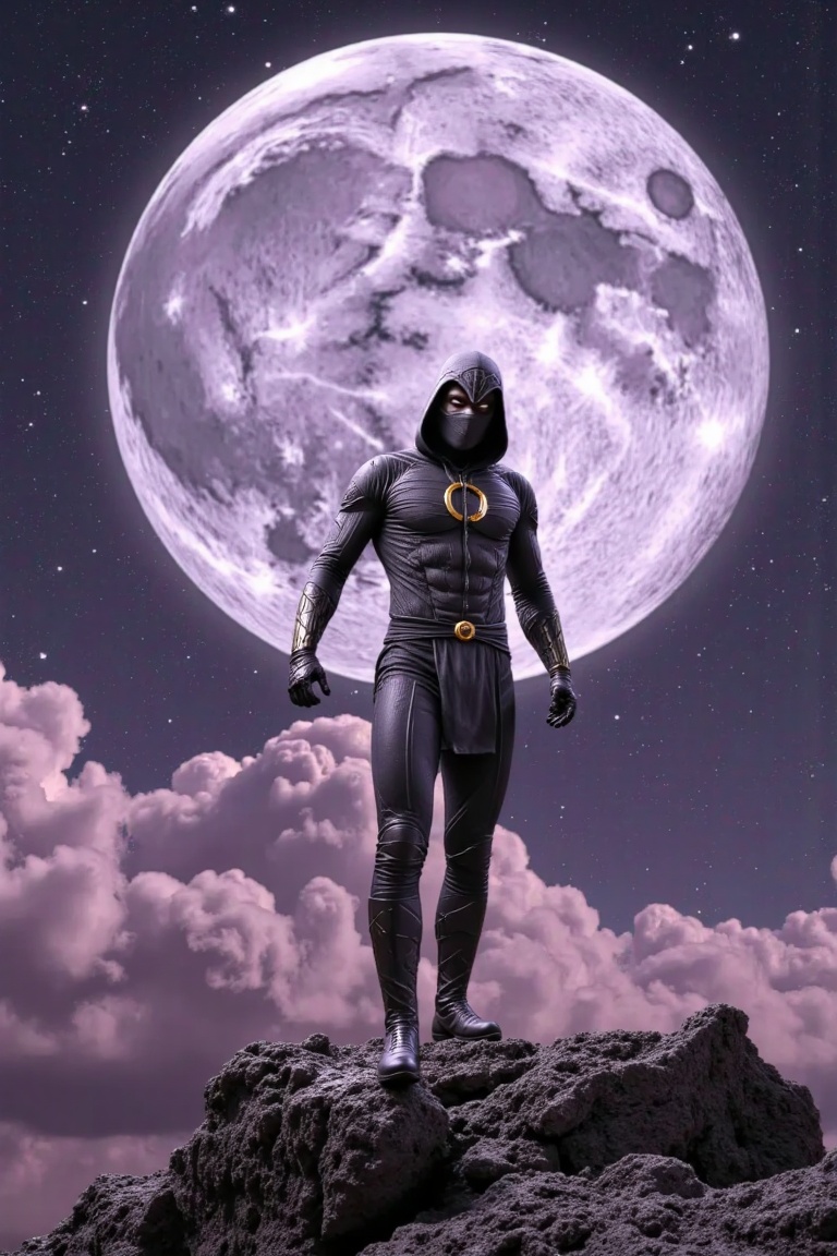 Photography: Render a visually striking and meticulously detailed depiction of Moon Knight exploring a distant alien world, bathed in an ethereal twilight glow. Incorporate the gritty realism of Imogen Cunningham's style with the surreal and alien landscapes of Saturno Butto, creating a captivating composite of both earthly and cosmic beauty.