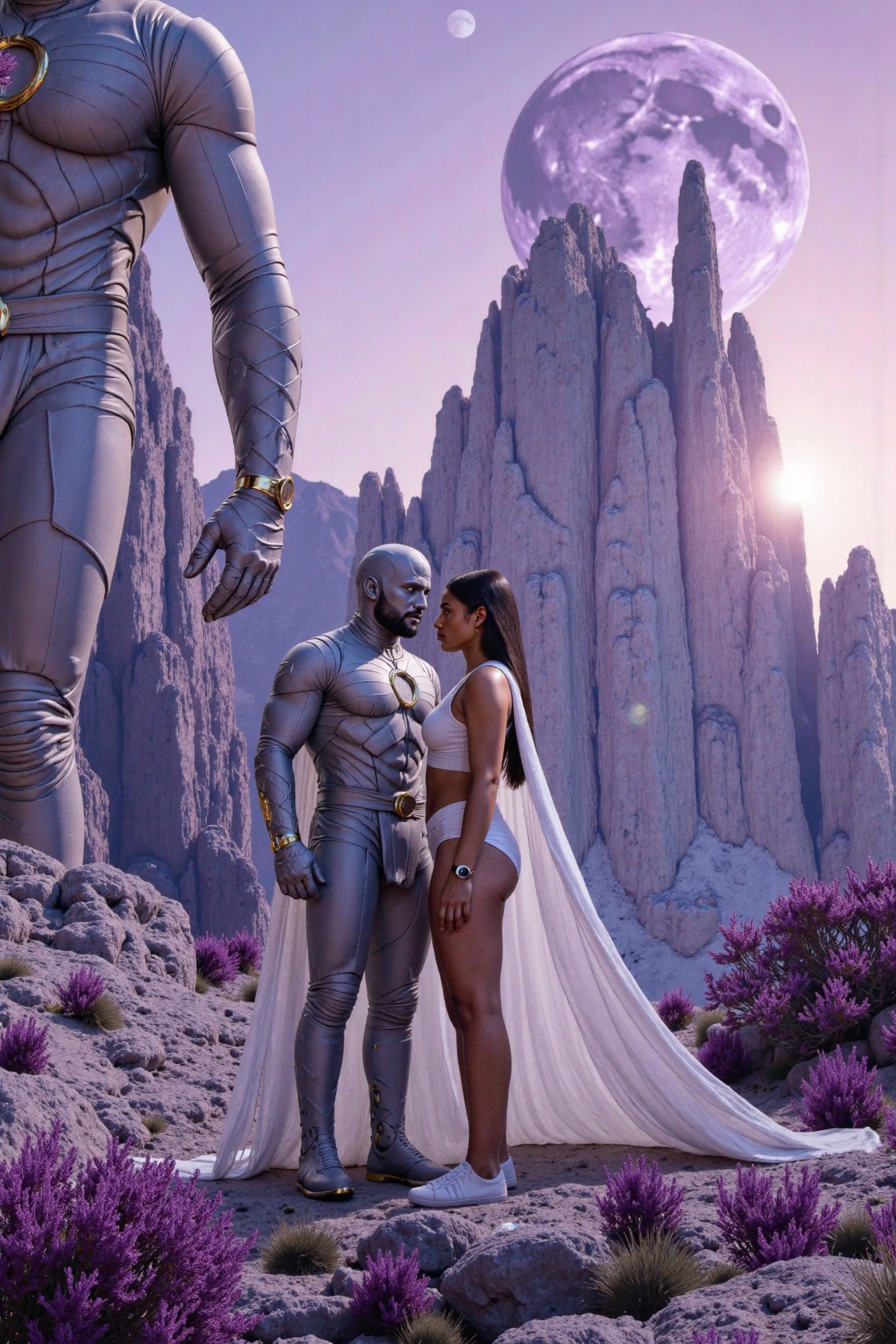 A highly detailed, cinematic portrayal of Moon Knight exploring an alien world with towering, surreal rock formations under a twilight sky. The scene captures a soft yet intense interaction with a woman, wrapped in his white cape, standing close to him. The background features an ethereal landscape of glowing alien flora, vast canyons, and distant, purple-hued planets looming overhead. The lighting is a soft, ambient glow with highlights reflecting off Moon Knight’s armor, contrasting with the shadows that shape the alien terrain. Shot in the style of Imogen Cunningham, the realism in their facial expressions and the texture of the rocky terrain is vivid, while Saturno Butto's surreal touches bring a dreamlike atmosphere. The mood is a balance of romance and mystery, where cosmic beauty meets human connection