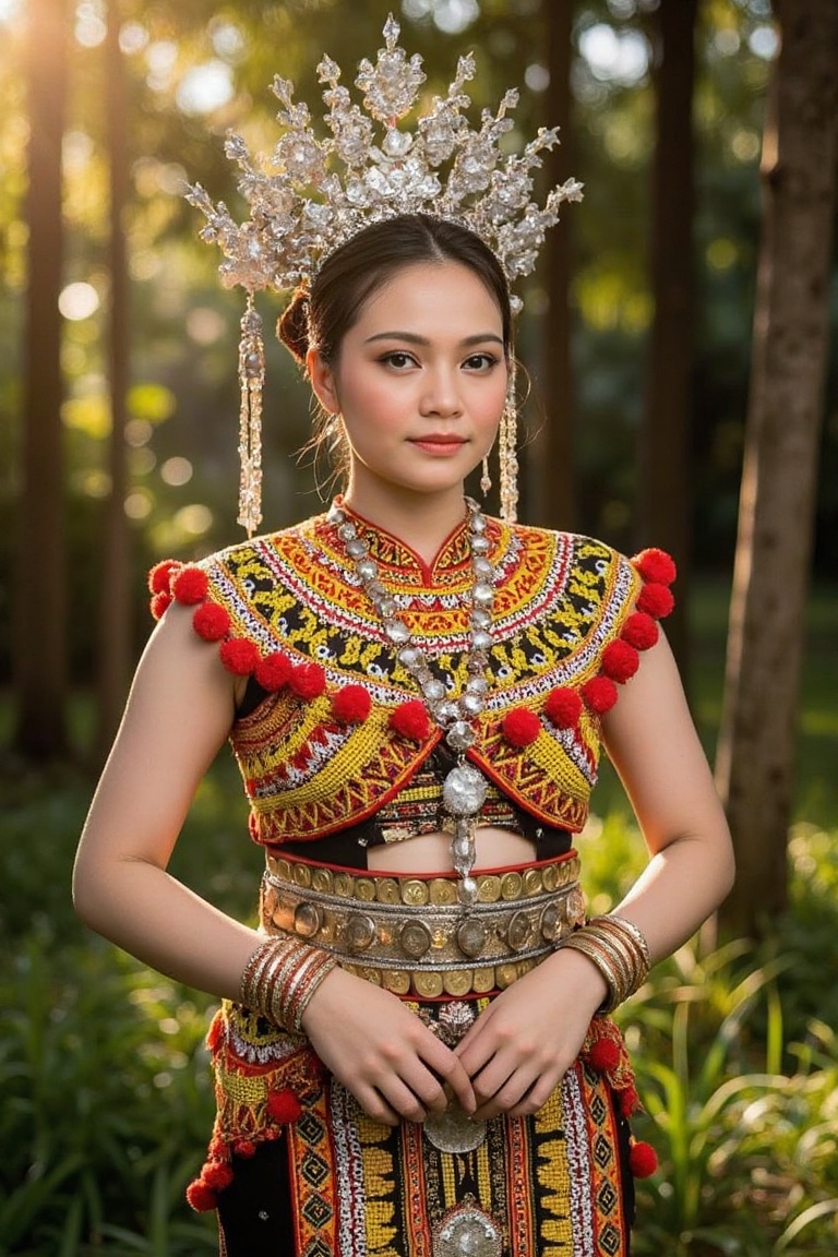 a woman wearing a traditional IbanAttireXmiya from Sarawak,  Malaysia,  characterized by intricate craftsmanship and vibra...