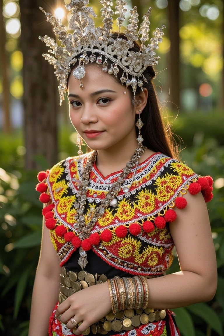 a woman wearing a traditional IbanAttireXmiya from Sarawak,  Malaysia,  characterized by intricate craftsmanship and vibra...