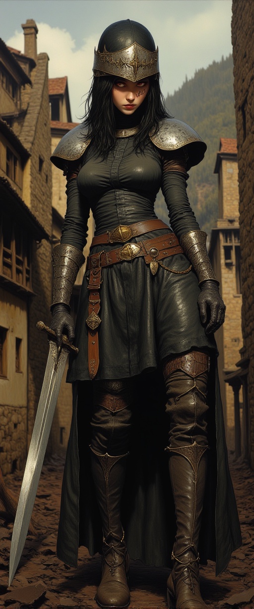 scary looking female warrior,  swinging a longsword with both hands,  intricate black and gold armor on Tensor.Art