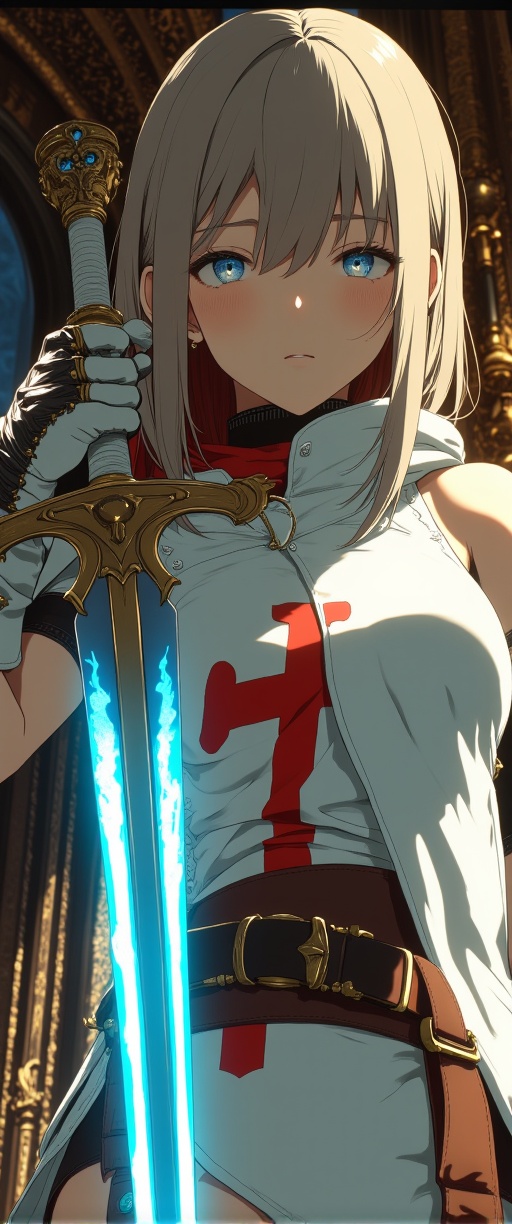 (medieval fantasy),  (flat color anime style 2d) closeup portrait of female japanese templar knight,  white plated armor w...