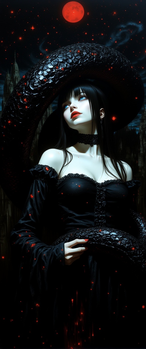 A dimly lit,  moonless night sky sprawls across the frame,  its inky blackness punctuated by stars that seem to writhe lik...