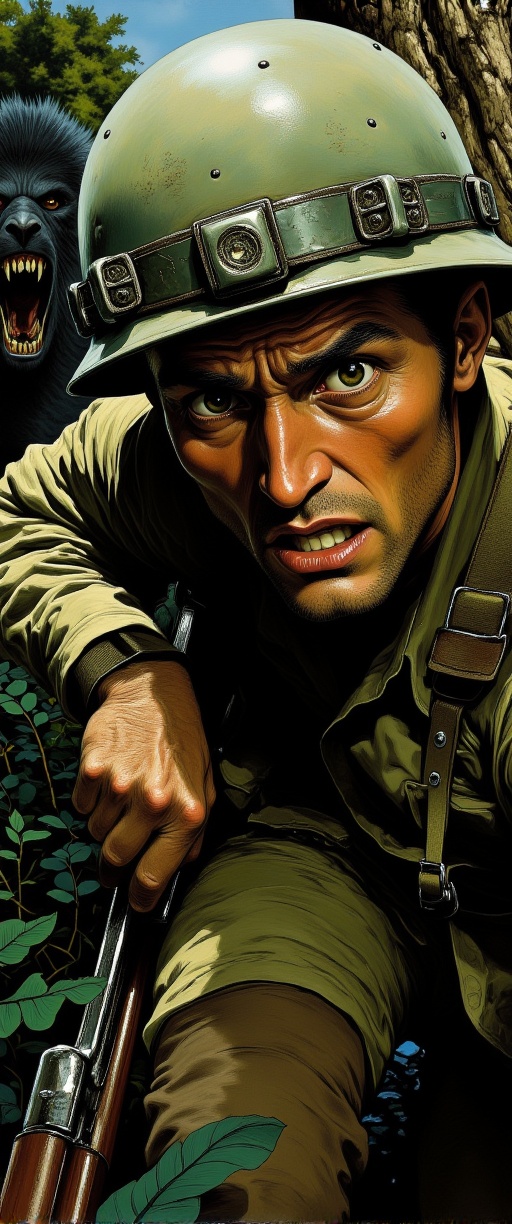 Vietnamese Jungle Ambush: A close-up shot frames a Marine's terrified face,  his eyes wide with fear as he cautiously appr...