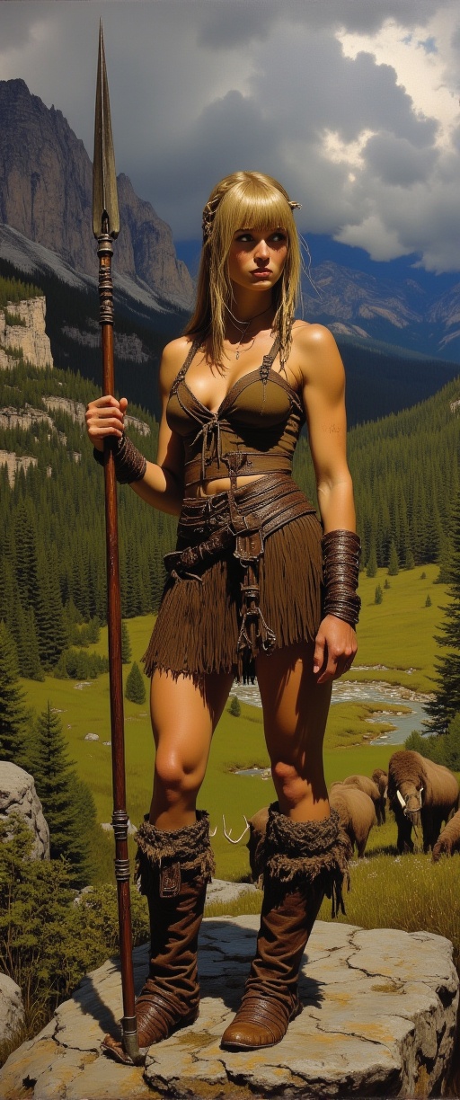 A striking prehistoric woman,  muscular and graceful,  wearing furs and leather straps on Tensor.Art