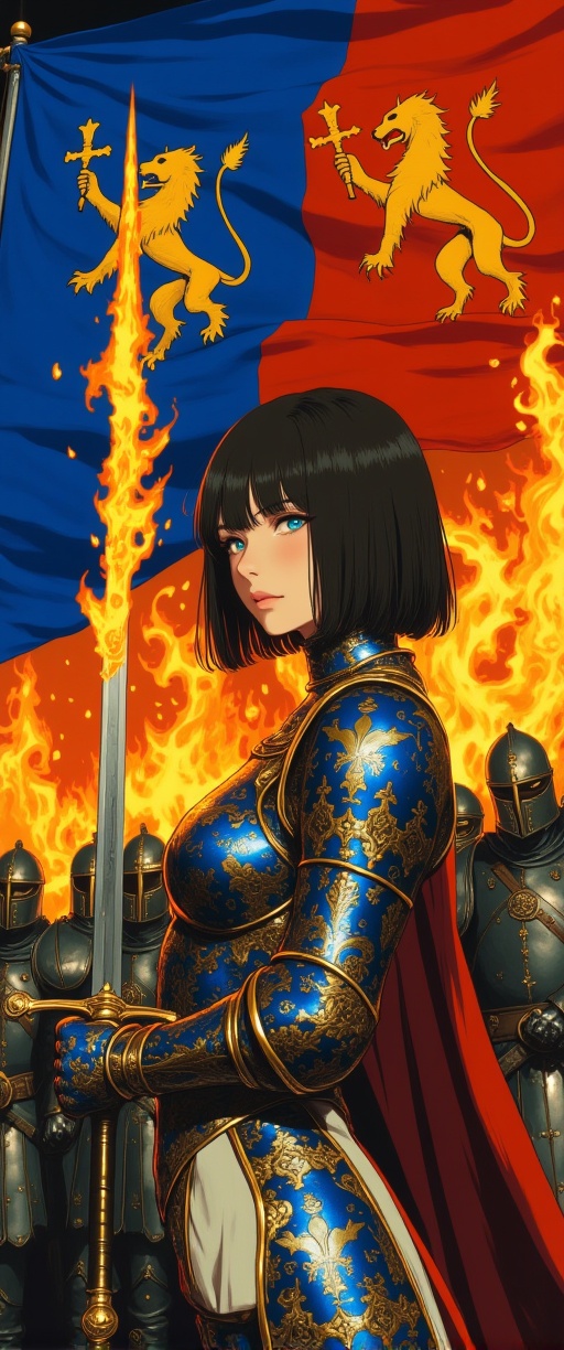 medieval fantasy),  (flat color semi-realistic style 2d) art of a female knight holding flaming sword under a blue and red...