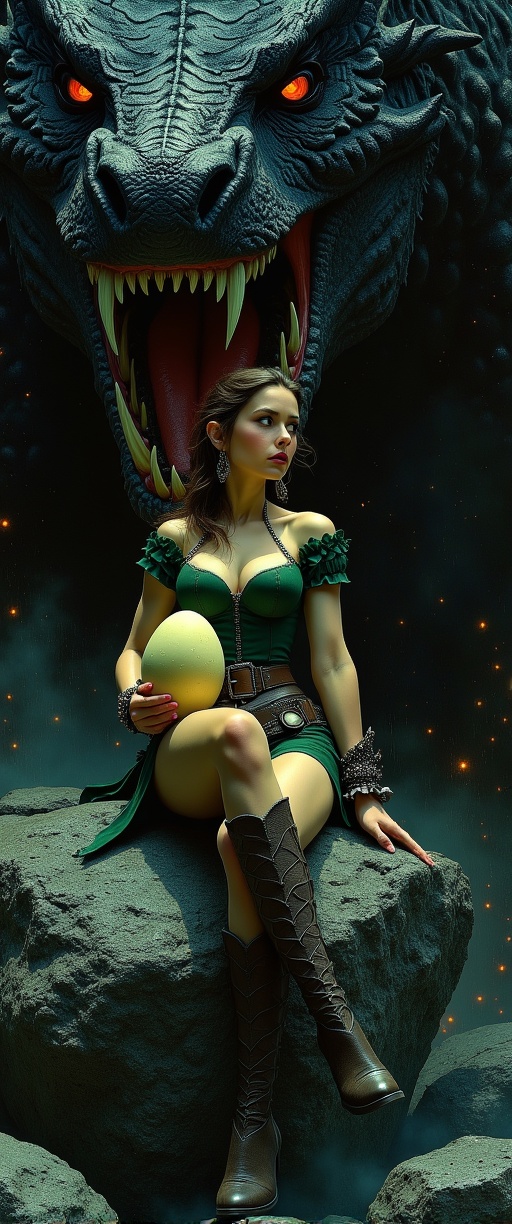 A mystical scene unfolds within a dark,  eerie dragon's liar: a powerful woman sits atop a massive stone,  her green corse...