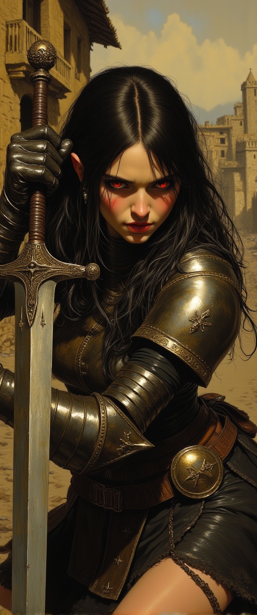 scary looking female warrior,  swinging a longsword with both hands,  intricate black and gold armor on Tensor.Art