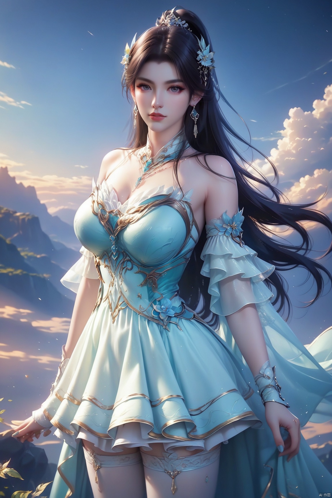 score_9, score_8_up, score_7_up,highly detailed digital,1girl, solo, long hair, breasts, up body,looking at viewer,dress 
