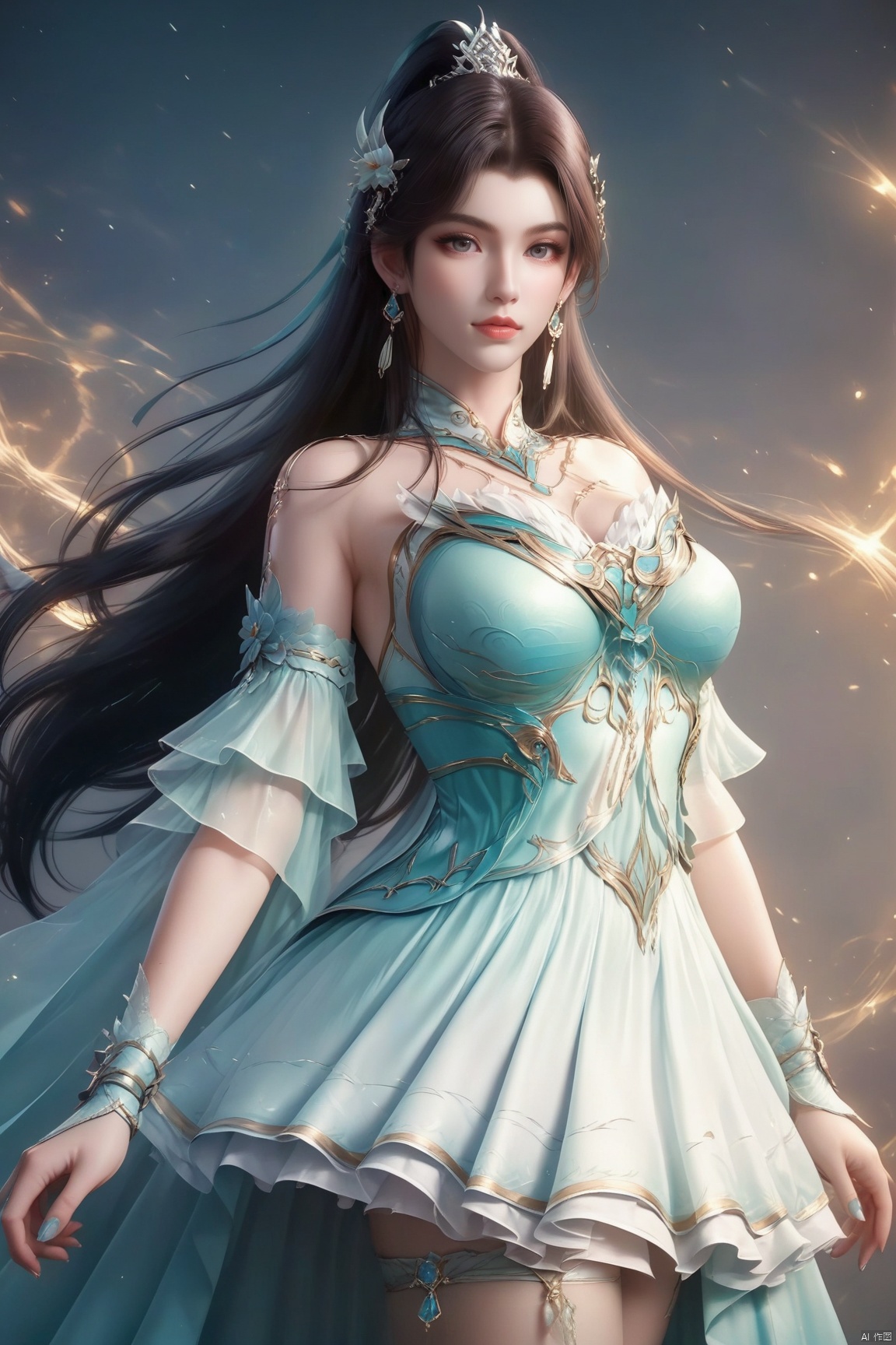 score_9, score_8_up, score_7_up,highly detailed digital,1girl, solo, long hair, breasts, up body,looking at viewer,dress 