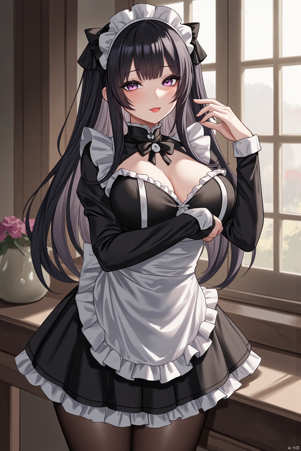  TT,Black stockings, Maid outfit, Maid headdress, Realistic, Big breasts, Gothic Lolita, Sensual Elegance, Satoshi Urushihara, Maid in Heaven Supers, Black Stockings, Maid in Reflection, Frontal view, soft light