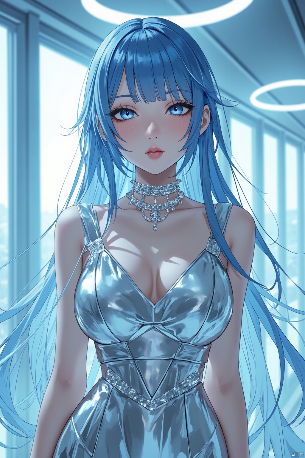  TT,, photorealistic image of a young woman with a striking aesthetic. She has a fair complexion, with delicate features and large, expressive eyes that are highlighted by subtle makeup. Her long, wavy blue hair is styled with a side-swept bang, framing her face elegantly. She wears a shimmering, metallic dress that drapes over her body, accentuating her slender physique. The dress is made of a reflective fabric that catches the light, creating a dynamic and ethereal effect. Around her neck, she wears a delicate, sparkling necklace that adds a touch of glamour. The background features a modern, minimalist interior, with large windows allowing natural light to filter through, casting a soft, blue hue over the scene. The overall composition is visually striking, combining elements of modern fashion and high-tech design, creating a surreal and captivating image.