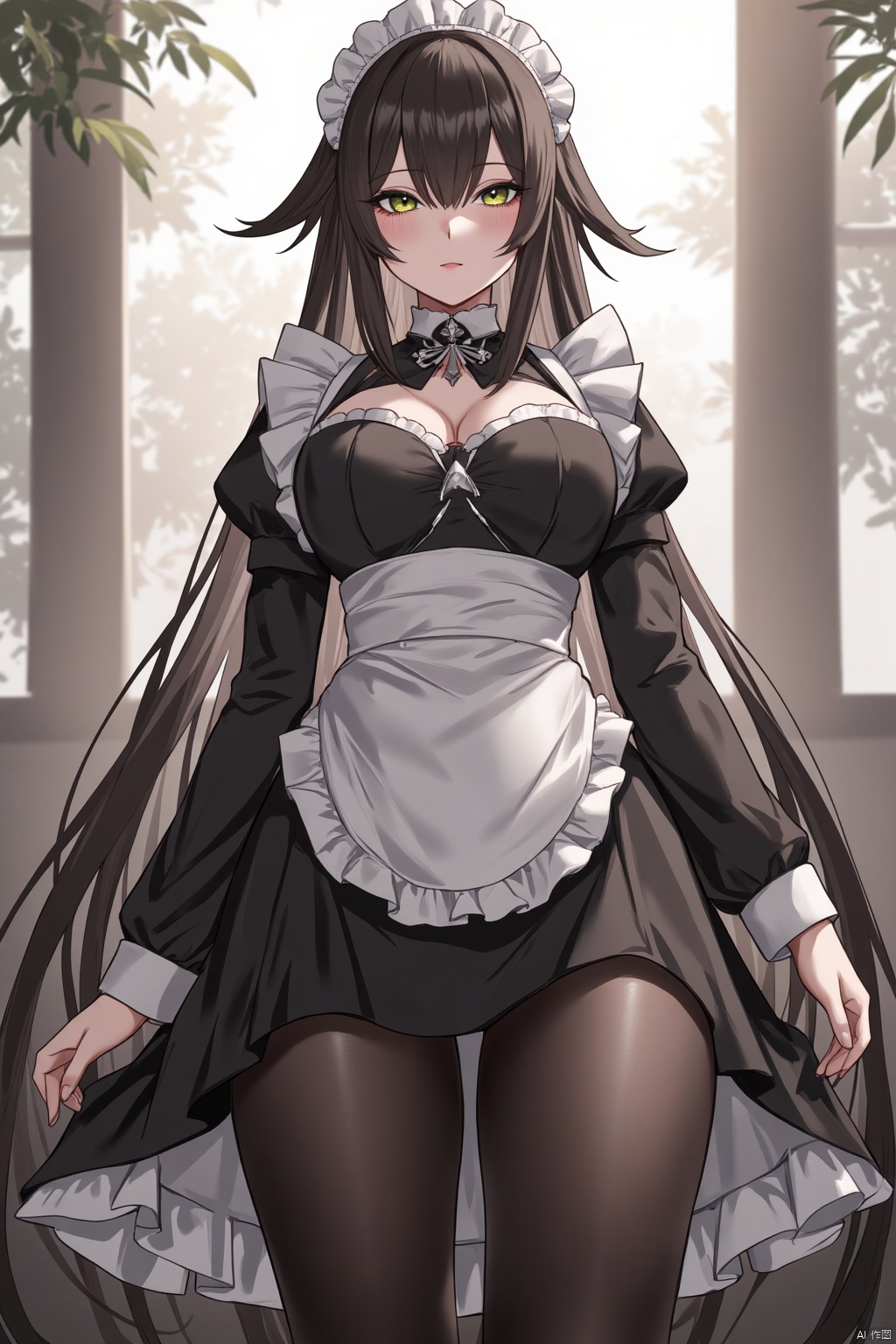  TT,Black stockings, Maid outfit, Maid headdress, Realistic, Big breasts, Gothic Lolita, Sensual Elegance, Satoshi Urushihara, Maid in Heaven Supers, Black Stockings, Maid in Reflection, Frontal view, soft light