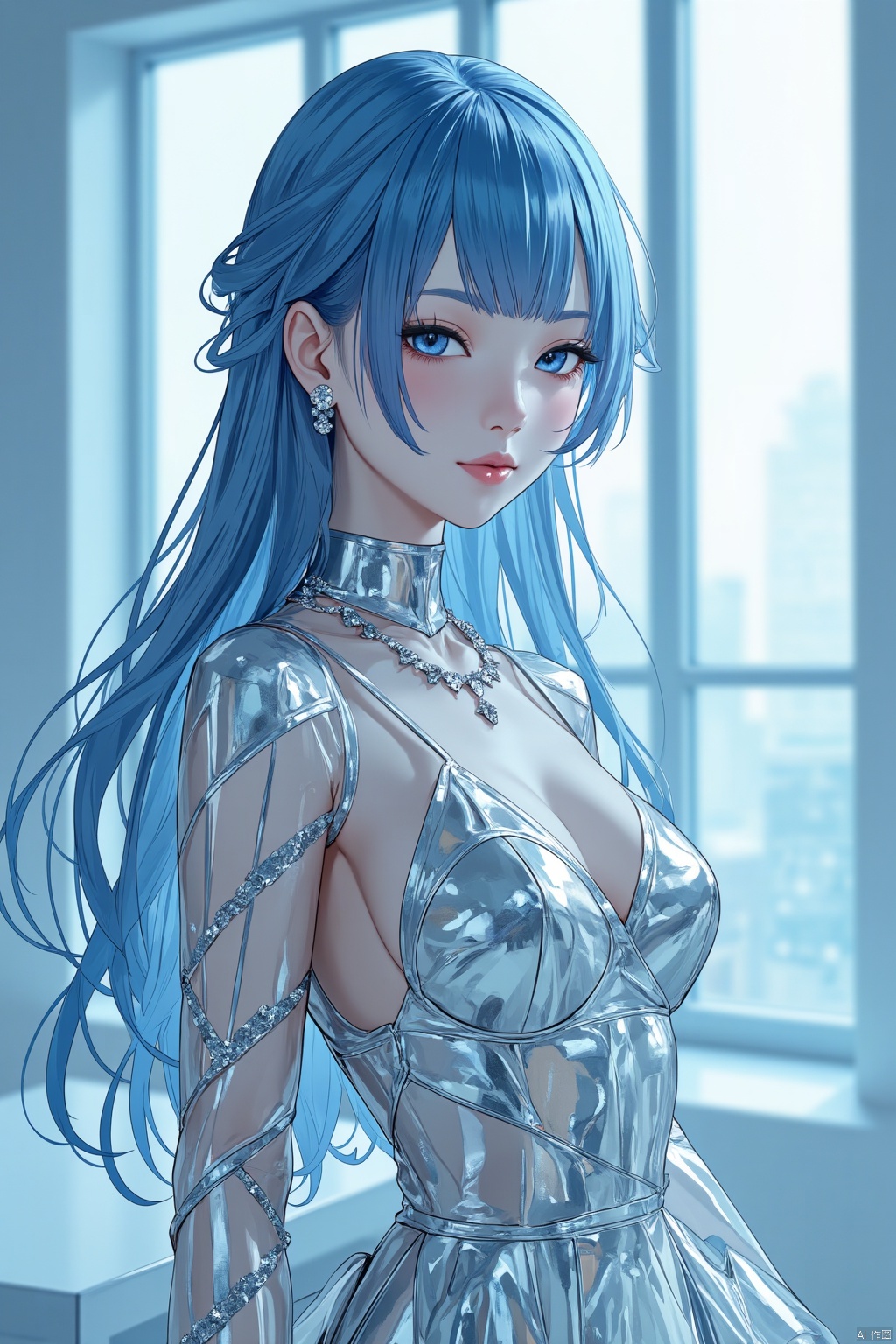  TT,, photorealistic image of a young woman with a striking aesthetic. She has a fair complexion, with delicate features and large, expressive eyes that are highlighted by subtle makeup. Her long, wavy blue hair is styled with a side-swept bang, framing her face elegantly. She wears a shimmering, metallic dress that drapes over her body, accentuating her slender physique. The dress is made of a reflective fabric that catches the light, creating a dynamic and ethereal effect. Around her neck, she wears a delicate, sparkling necklace that adds a touch of glamour. The background features a modern, minimalist interior, with large windows allowing natural light to filter through, casting a soft, blue hue over the scene. The overall composition is visually striking, combining elements of modern fashion and high-tech design, creating a surreal and captivating image.