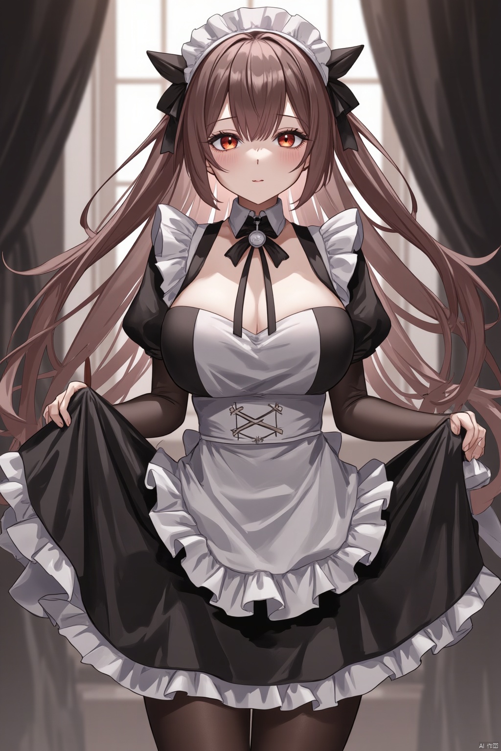  TT,Black stockings, Maid outfit, Maid headdress, Realistic, Big breasts, Gothic Lolita, Sensual Elegance, Satoshi Urushihara, Maid in Heaven Supers, Black Stockings, Maid in Reflection, Frontal view, soft light