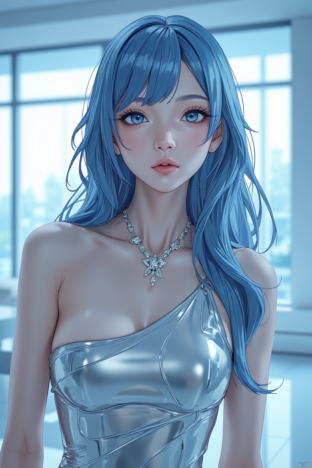  TT,, photorealistic image of a young woman with a striking aesthetic. She has a fair complexion, with delicate features and large, expressive eyes that are highlighted by subtle makeup. Her long, wavy blue hair is styled with a side-swept bang, framing her face elegantly. She wears a shimmering, metallic dress that drapes over her body, accentuating her slender physique. The dress is made of a reflective fabric that catches the light, creating a dynamic and ethereal effect. Around her neck, she wears a delicate, sparkling necklace that adds a touch of glamour. The background features a modern, minimalist interior, with large windows allowing natural light to filter through, casting a soft, blue hue over the scene. The overall composition is visually striking, combining elements of modern fashion and high-tech design, creating a surreal and captivating image.