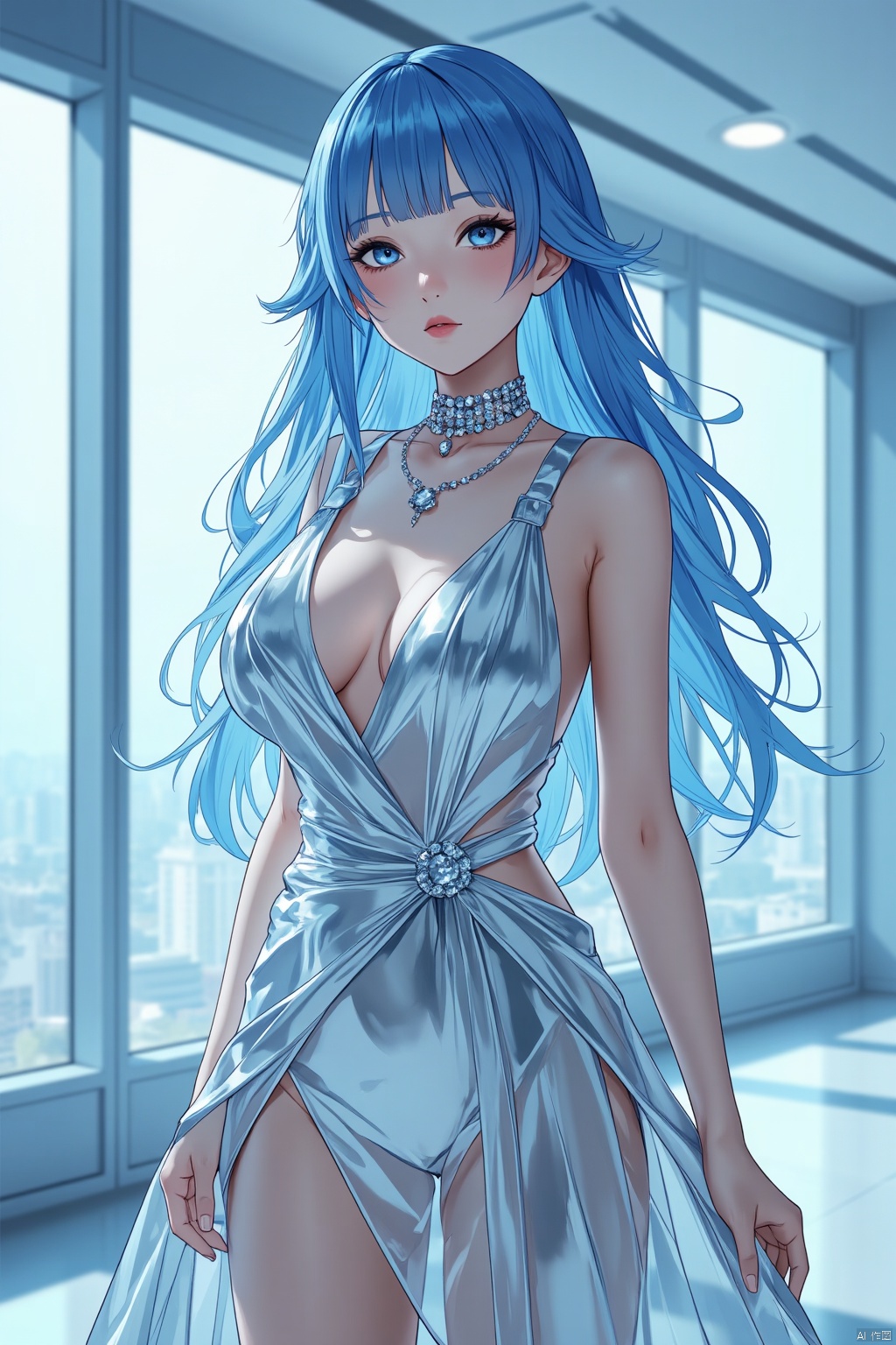  TT,, photorealistic image of a young woman with a striking aesthetic. She has a fair complexion, with delicate features and large, expressive eyes that are highlighted by subtle makeup. Her long, wavy blue hair is styled with a side-swept bang, framing her face elegantly. She wears a shimmering, metallic dress that drapes over her body, accentuating her slender physique. The dress is made of a reflective fabric that catches the light, creating a dynamic and ethereal effect. Around her neck, she wears a delicate, sparkling necklace that adds a touch of glamour. The background features a modern, minimalist interior, with large windows allowing natural light to filter through, casting a soft, blue hue over the scene. The overall composition is visually striking, combining elements of modern fashion and high-tech design, creating a surreal and captivating image.