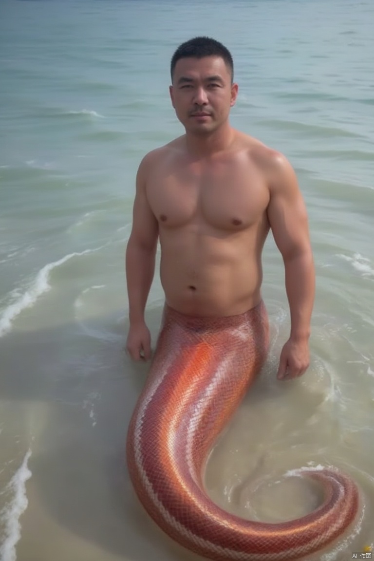 Snake man, male human snake, snake tail, snake scales, human snake morphology,male,super long snake tail, glowing red snake tail,1man,look at view,beach,HD,8K,