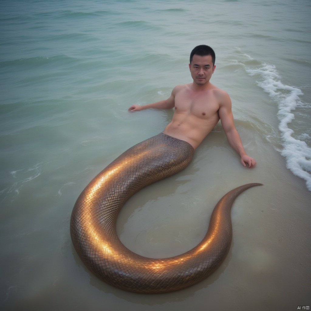 Snake man, male human snake, snake tail, snake scales, human snake morphology,male,super long snake tail, glowing snake tail,1man,look at view,beach