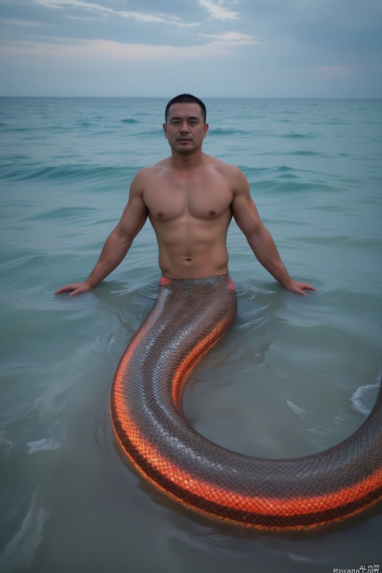 Snake man, male human snake, snake tail, snake scales, human snake morphology,male,super long snake tail, glowing red snake tail,1man,look at view,beach,HD,8K,