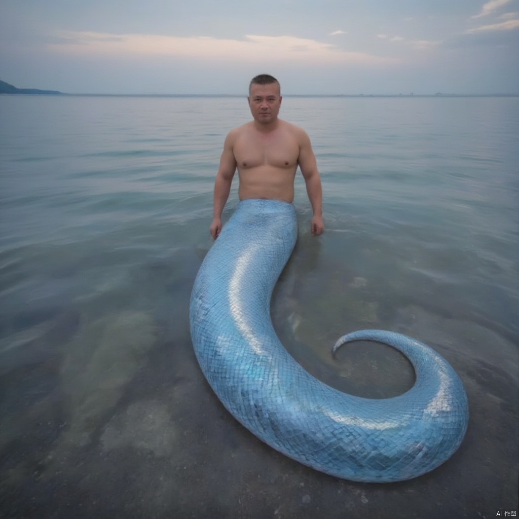 Snake man, male human snake, snake tail, snake scales, human snake morphology,male,super long snake tail, glowing snake tail,1man,look at view,beach