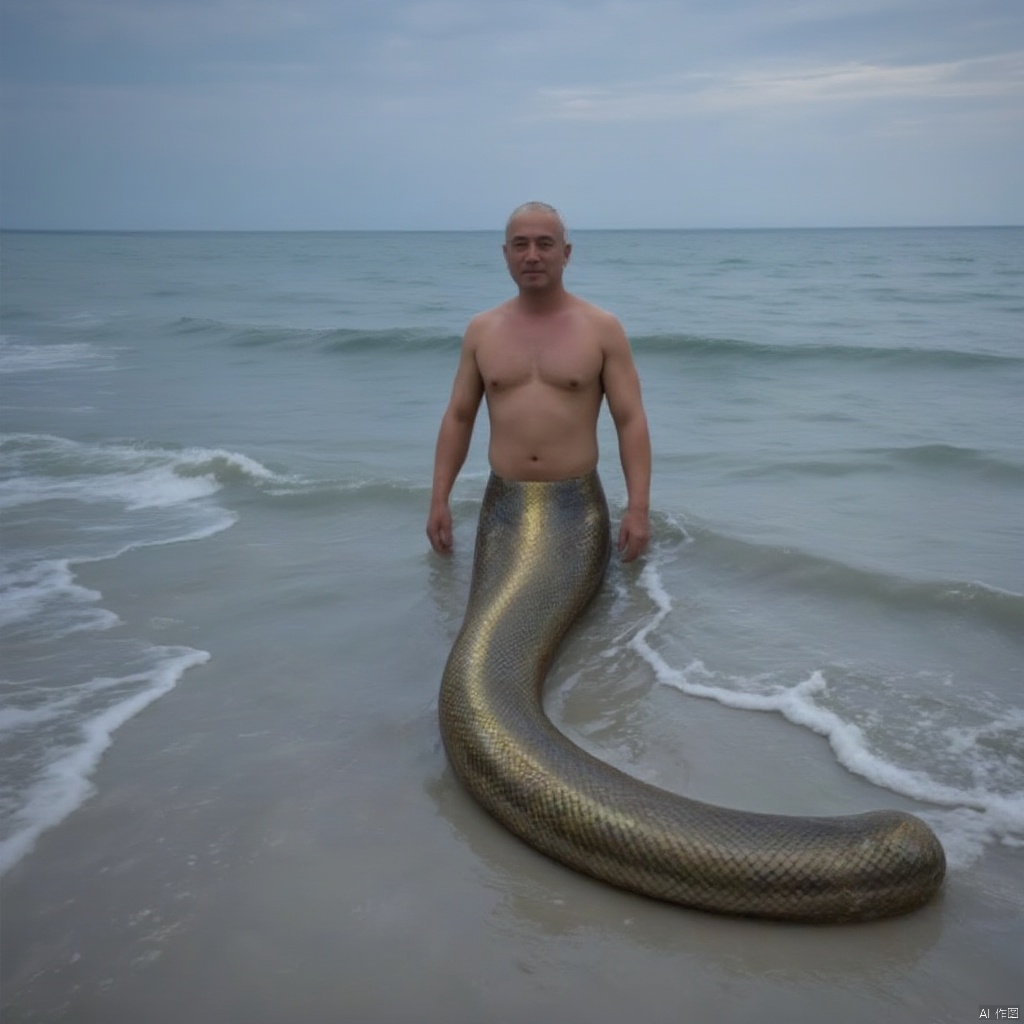 Snake man, male human snake, snake tail, snake scales, human snake morphology,male,super long snake tail, glowing snake tail,1man,look at view,beach