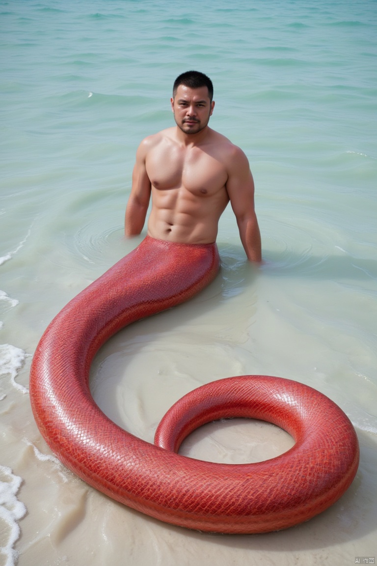 Snake man, male human snake, snake tail, snake scales, human snake morphology,male,super long snake tail, red snake tail,1man,look at view,beach,HD,8K,