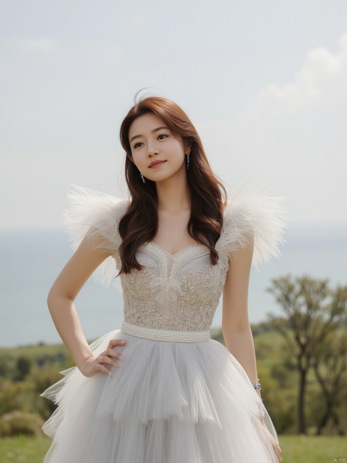A stunning young woman with luscious brown hair and a flowing white dress stands alone against a breathtaking outdoor backdrop, her long tresses gently blowing in the breeze. The Tyndall Effect casts a warm glow on her porcelain skin as she gazes directly at the camera, her parted lips subtly curved into a gentle smile. A delicate pair of earrings adorns her ears, adding a touch of elegance to her refined features. Shot in 8K HD, this image captures the finest details, from the intricate folds of her dress to the subtle texture of her skin.