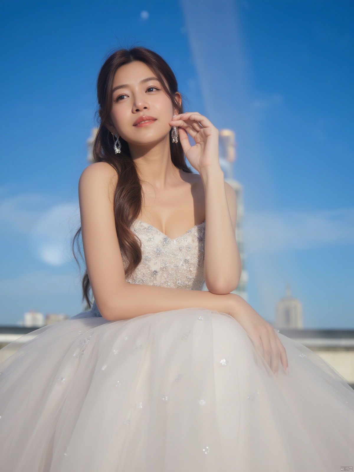 A stunning portrait of a young woman with luscious brown hair and long locks cascading down her back. She wears a breathtaking white dress that hugs her curves, paired with elegant earrings and sparkling jewelry. Framed by the vibrant blue sky on a sunny day, she sits outdoors with a subtle smile and parted lips, exuding confidence. The Tyndall Effect adds a warm glow to the scene, captured in crystal-clear 8K resolution for unparalleled visual quality.