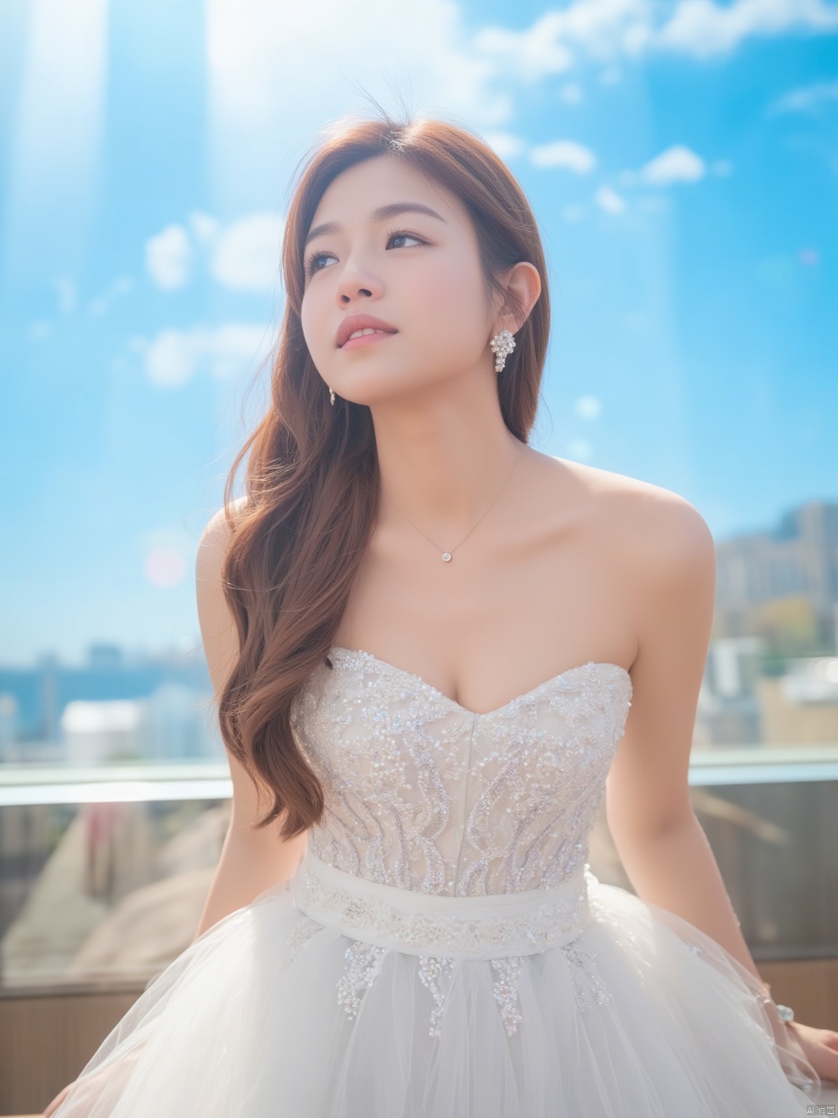 A stunning portrait of a young woman with luscious brown hair and long locks cascading down her back. She wears a breathtaking white dress that hugs her curves, paired with elegant earrings and sparkling jewelry. Framed by the vibrant blue sky on a sunny day, she sits outdoors with a subtle smile and parted lips, exuding confidence. The Tyndall Effect adds a warm glow to the scene, captured in crystal-clear 8K resolution for unparalleled visual quality.