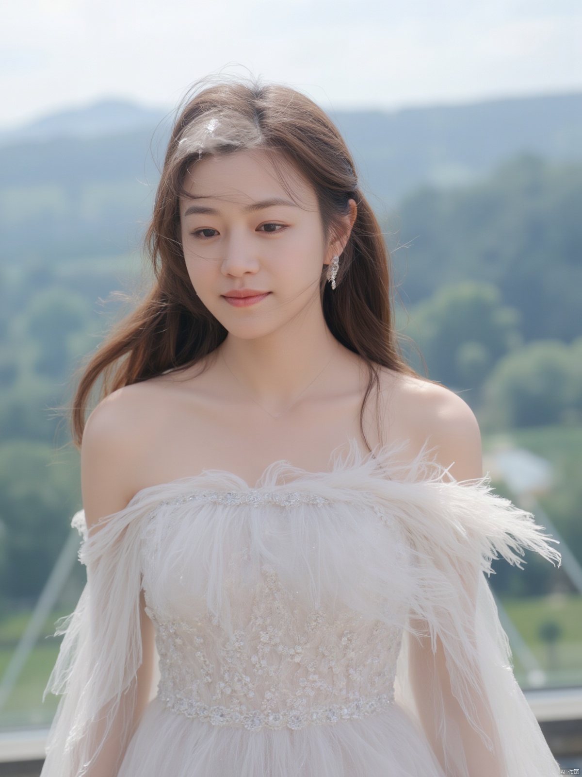 A stunning young woman with luscious brown hair and a flowing white dress stands alone against a breathtaking outdoor backdrop, her long tresses gently blowing in the breeze. The Tyndall Effect casts a warm glow on her porcelain skin as she gazes directly at the camera, her parted lips subtly curved into a gentle smile. A delicate pair of earrings adorns her ears, adding a touch of elegance to her refined features. Shot in 8K HD, this image captures the finest details, from the intricate folds of her dress to the subtle texture of her skin.