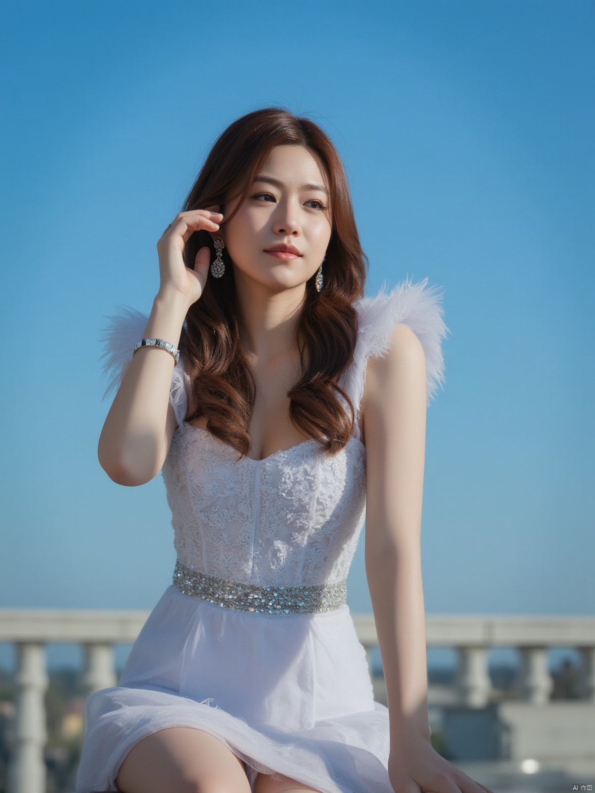 A stunning portrait of a young woman with luscious brown hair and long locks cascading down her back. She wears a breathtaking white dress that hugs her curves, paired with elegant earrings and sparkling jewelry. Framed by the vibrant blue sky on a sunny day, she sits outdoors with a subtle smile and parted lips, exuding confidence. The Tyndall Effect adds a warm glow to the scene, captured in crystal-clear 8K resolution for unparalleled visual quality.