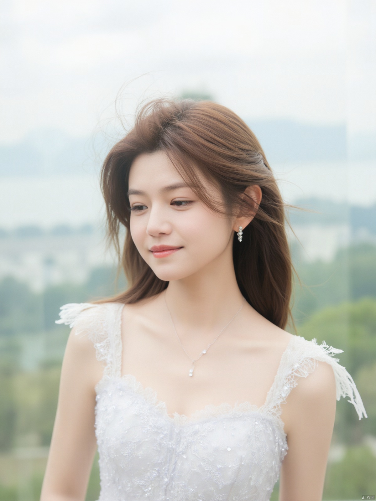 A stunning young woman with luscious brown hair and a flowing white dress stands alone against a breathtaking outdoor backdrop, her long tresses gently blowing in the breeze. The Tyndall Effect casts a warm glow on her porcelain skin as she gazes directly at the camera, her parted lips subtly curved into a gentle smile. A delicate pair of earrings adorns her ears, adding a touch of elegance to her refined features. Shot in 8K HD, this image captures the finest details, from the intricate folds of her dress to the subtle texture of her skin.