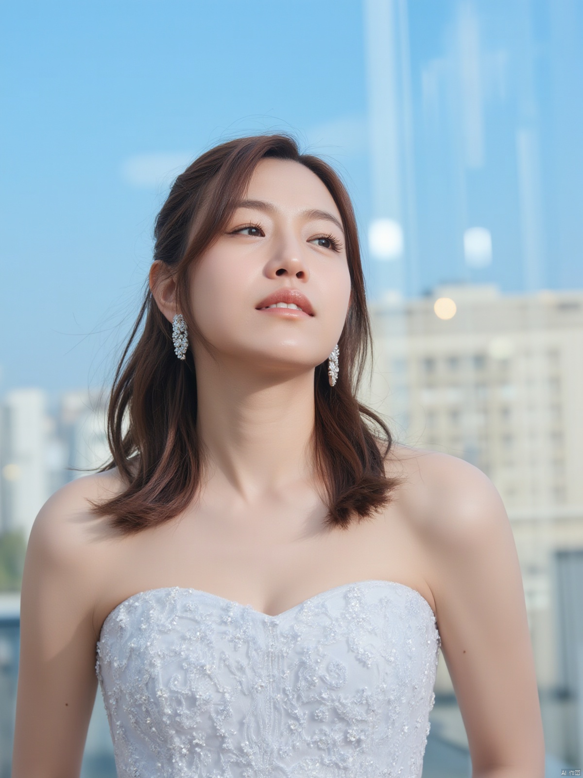 A stunning portrait of a young woman with luscious brown hair and long locks cascading down her back. She wears a breathtaking white dress that hugs her curves, paired with elegant earrings and sparkling jewelry. Framed by the vibrant blue sky on a sunny day, she sits outdoors with a subtle smile and parted lips, exuding confidence. The Tyndall Effect adds a warm glow to the scene, captured in crystal-clear 8K resolution for unparalleled visual quality.