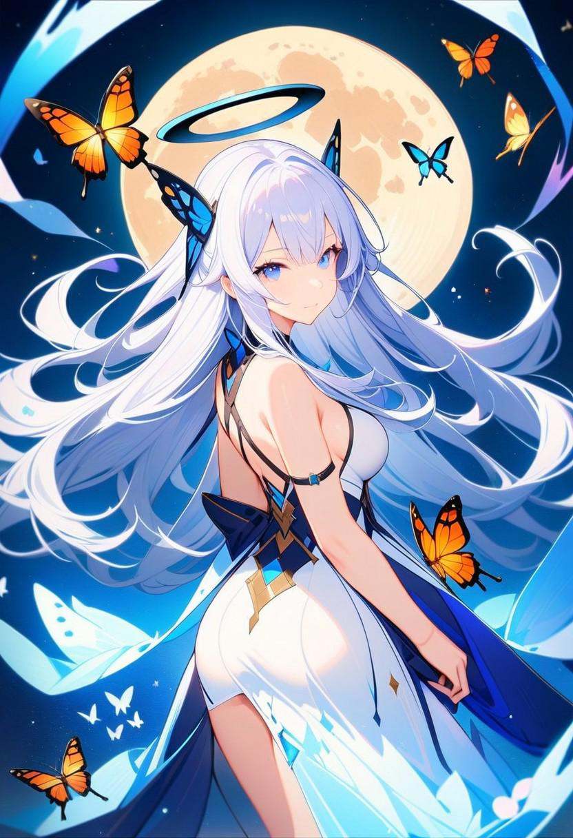 masterpiece,best quality,1girl,solo,long hair,breasts,looking at viewer,bangs,blue eyes,hair ornament,dress,medium breasts,very long hair,closed mouth,white hair,wings,looking back,white dress,floating hair,halo,moon,bug,butterfly,