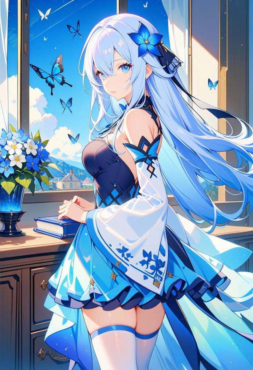 masterpiece,best quality,1girl,solo,long hair,breasts,looking at viewer,bangs,blue eyes,hair ornament,thighhighs,long sleeves,dress,bow,hair between eyes,bare shoulders,medium breasts,blue hair,standing,flower,white hair,detached sleeves,sky,cloud,indoors,hair flower,wide sleeves,from side,white thighhighs,blue sky,book,window,floating hair,blue dress,bug,white flower,butterfly,blue flower,blue theme,drawer,