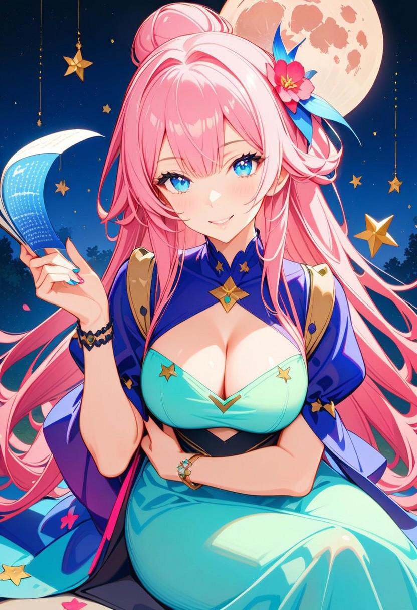 masterpiece,best quality,1girl,solo,long hair,breasts,smile,bangs,blue eyes,large breasts,hair ornament,dress,holding,cleavage,jewelry,sitting,very long hair,pink hair,flower,short sleeves,puffy sleeves,hair bun,star \(symbol\),nail polish,bracelet,puffy short sleeves,book,clothing cutout,blue dress,moon,cleavage cutout,single hair bun,instrument,pink flower,holding book,green dress,shawl,long dress,aqua dress,